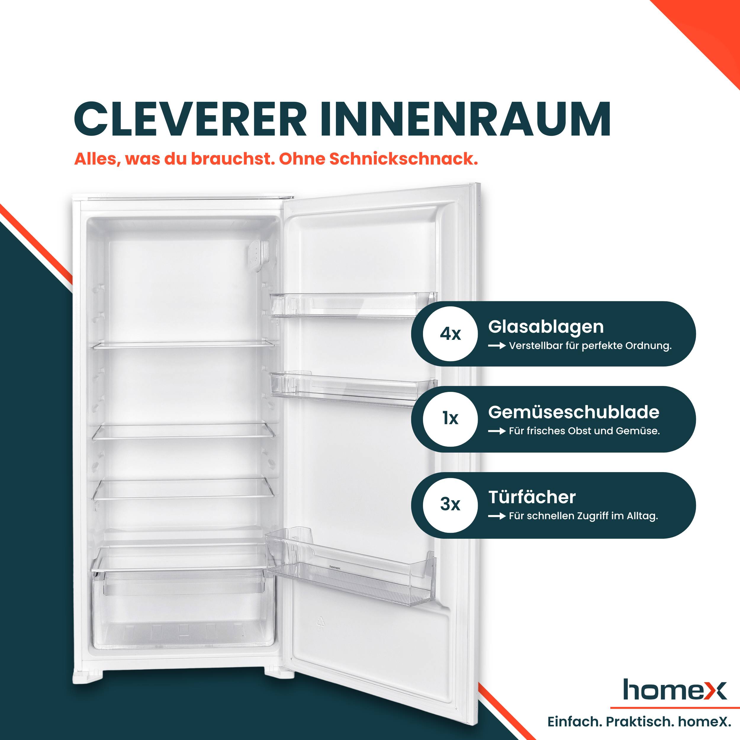 homeX CB1991E Einbaukühlschrank ohne Gefrierfach, 122cm Nische - 199 Liter, Schlepptürtechnik, LED-Beleuchtung, 39 dB