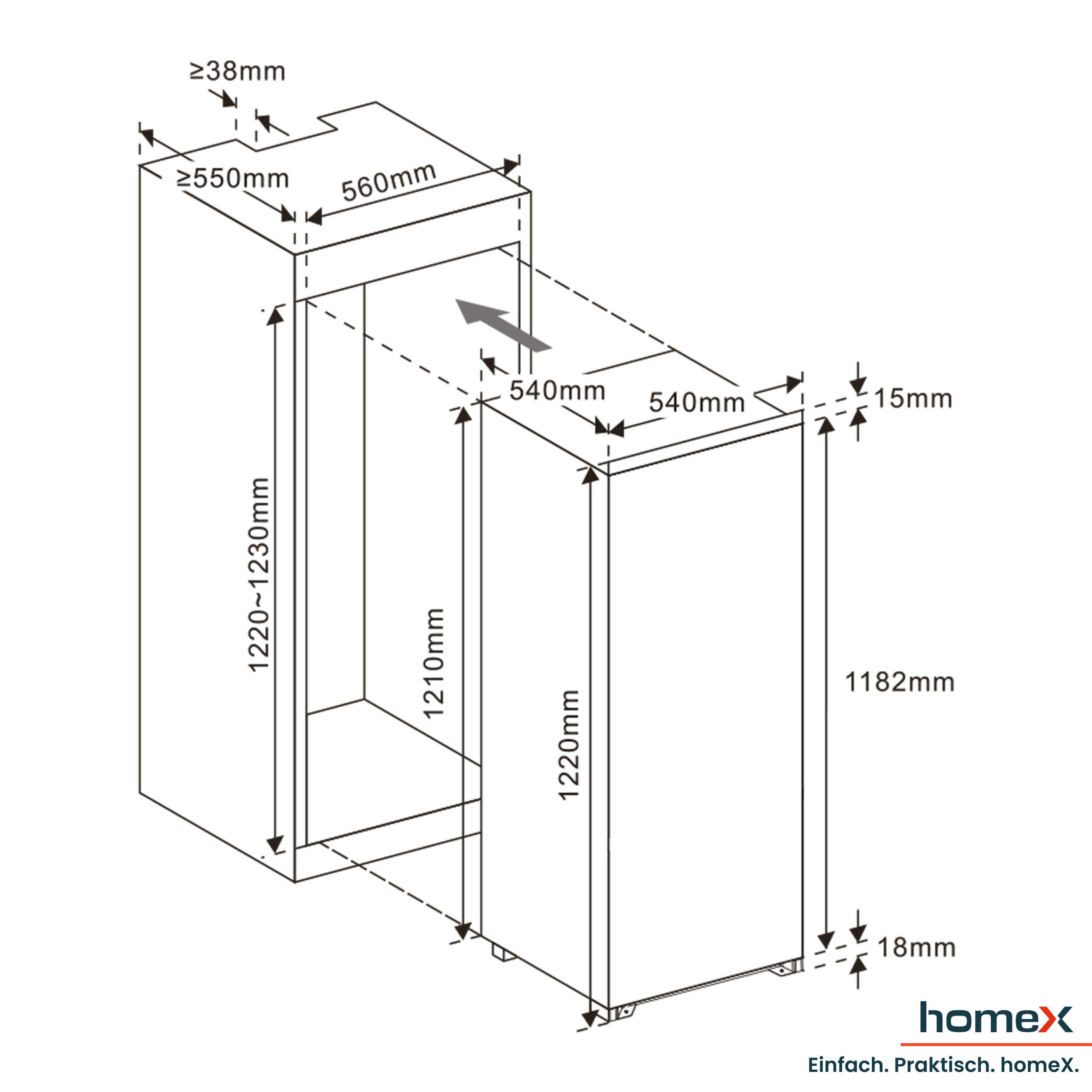 homeX CB1991E Einbaukühlschrank ohne Gefrierfach, 122cm Nische - 199 Liter, Schlepptürtechnik, LED-Beleuchtung, 39 dB