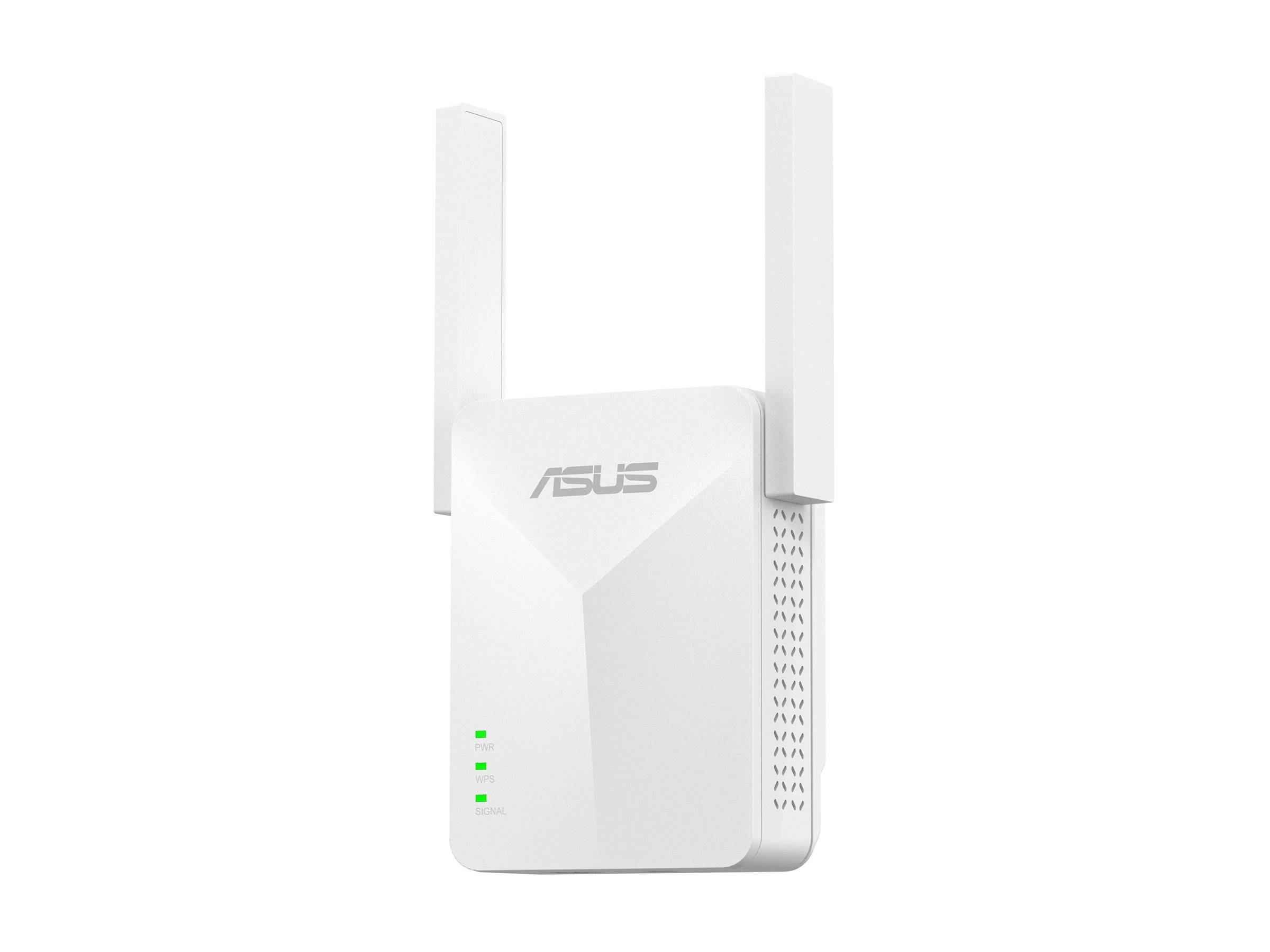 Weißer ASUS WLAN-Reichweitenverstärker mit zwei Antennen und drei grünen Statusleuchten vor einfachem Hintergrund.