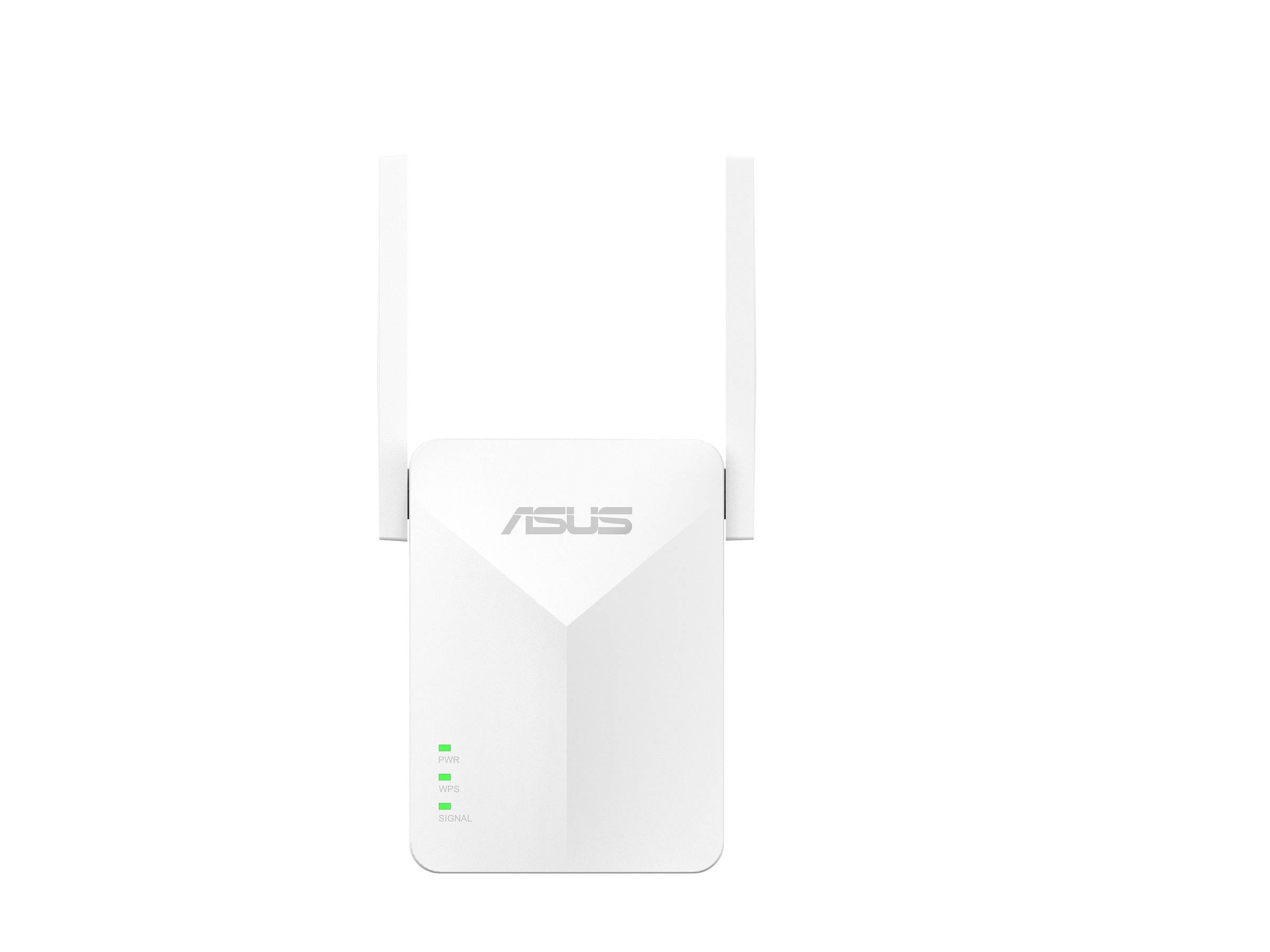 Weißer ASUS Wi-Fi Bereichsverstärker/Router mit zwei Antennen und vier grünen Status-LEDs auf der Vorderseite.