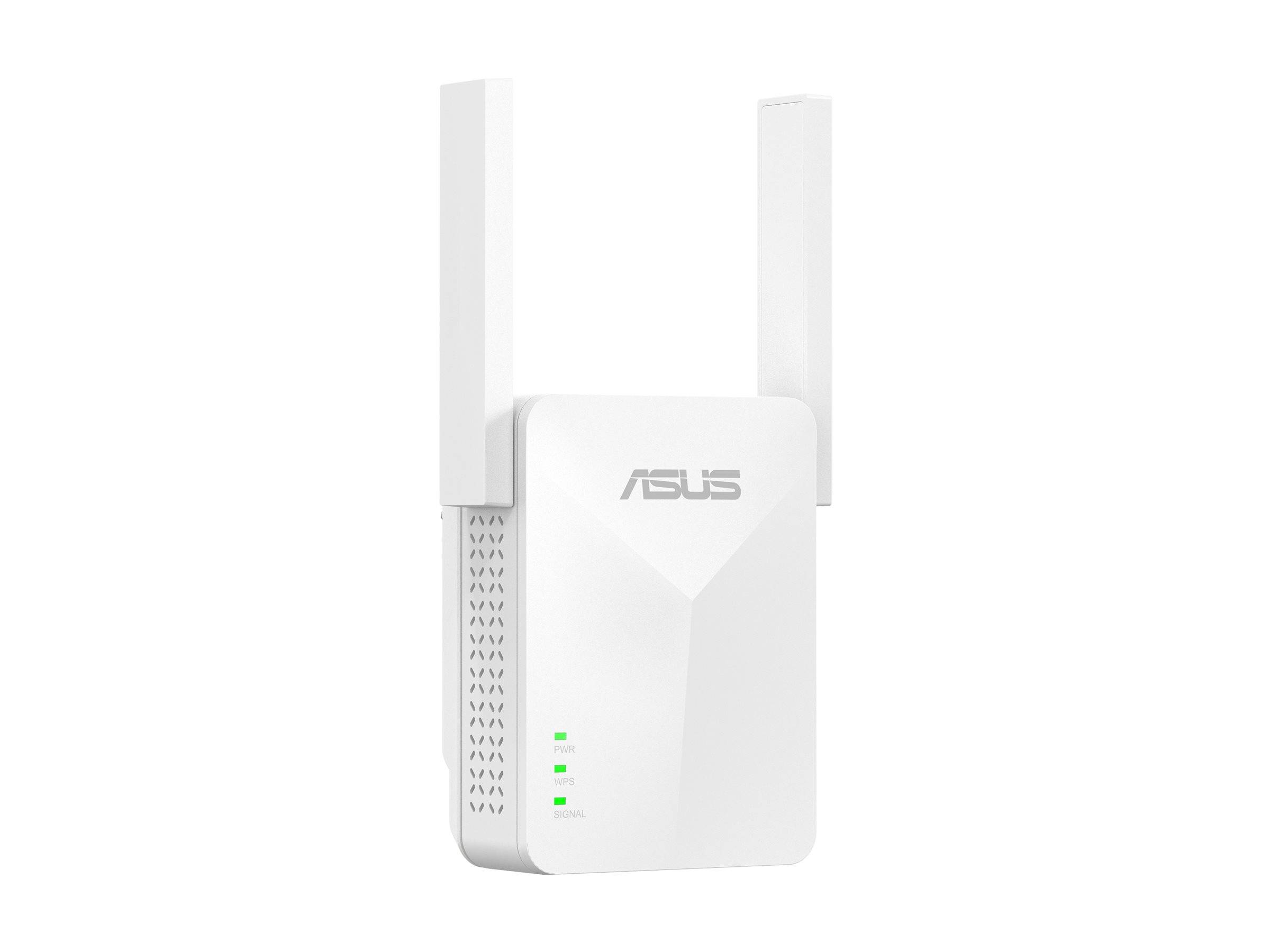 Weiße ASUS Wi-Fi-Verstärker/Router mit zwei Antennen und grünen Statusleuchten auf einfachem Hintergrund.