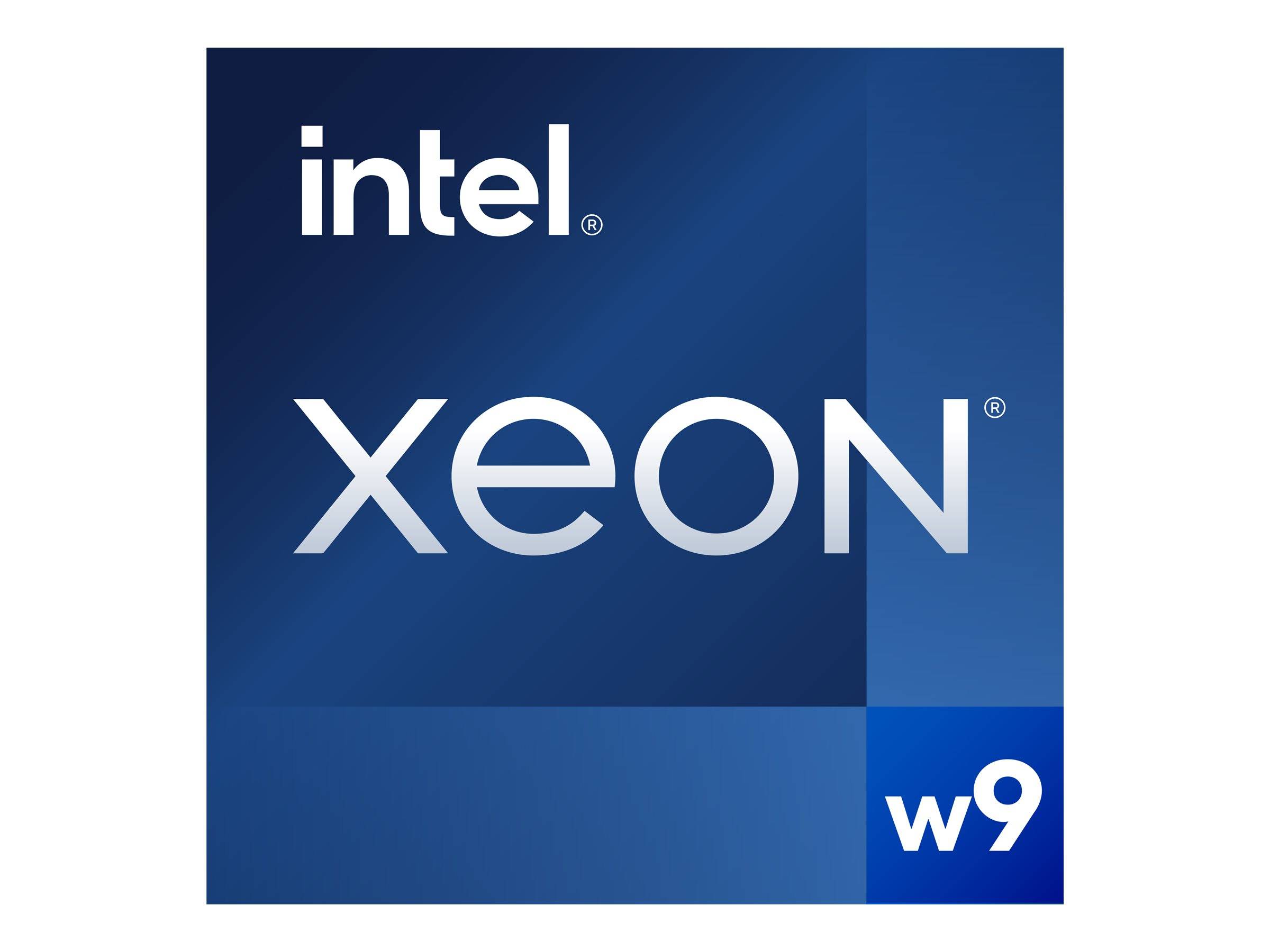 Intel Xeon W9 Prozessor-Logo auf blauem quadratischen Hintergrund.