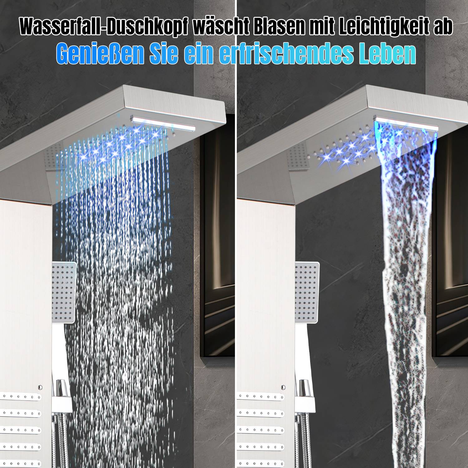 Duschpaneel 5-in-1 mit LED, Regendusche & Massage, Silver