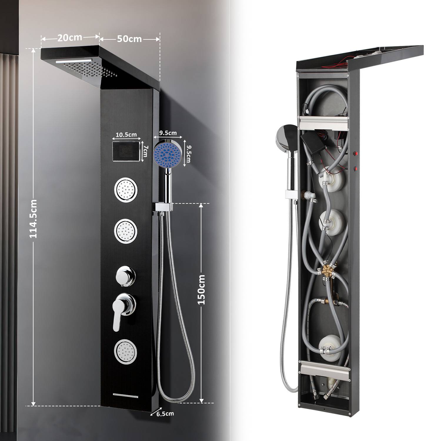 Duschsystem Schwarz mit Regendusche, Handbrause & Massagefunktion