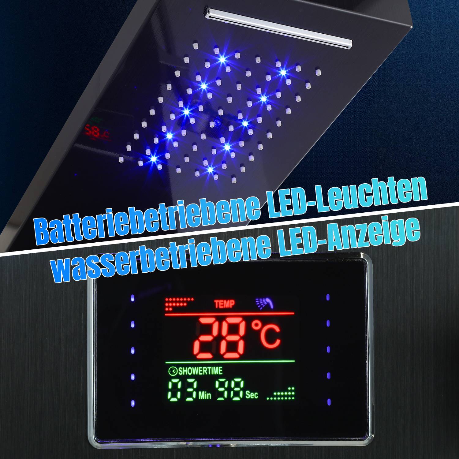 Duschpaneel 5-in-1 mit LED, Regendusche & Massage, Schwarz