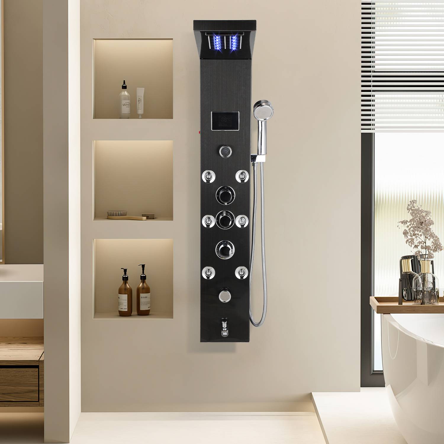 Duschsäule 6-in-1, Regendusche, Wasserfall & Massage, Schwarz
