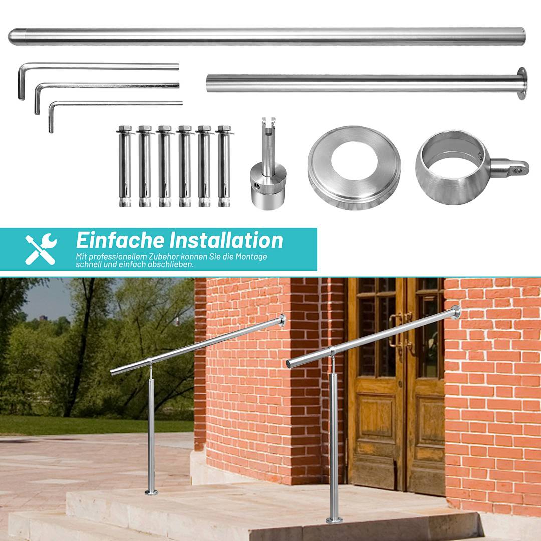 Edelstahl Eingangsgeländer 160 x 90 cm, Silber Handlauf, Treppengeländer für Hauseingang und Treppe