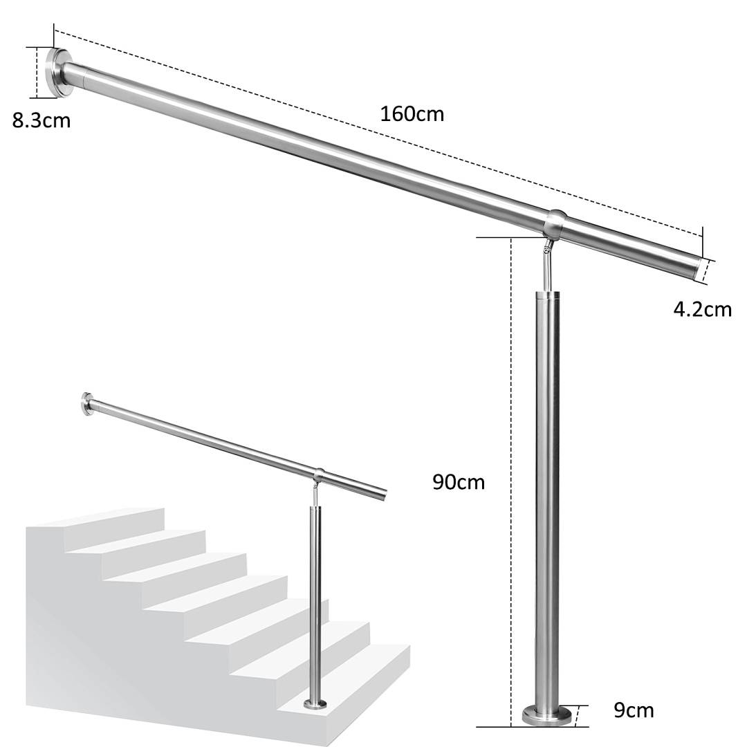 Edelstahl Eingangsgeländer 160 x 90 cm, Silber Handlauf, Treppengeländer für Hauseingang und Treppe