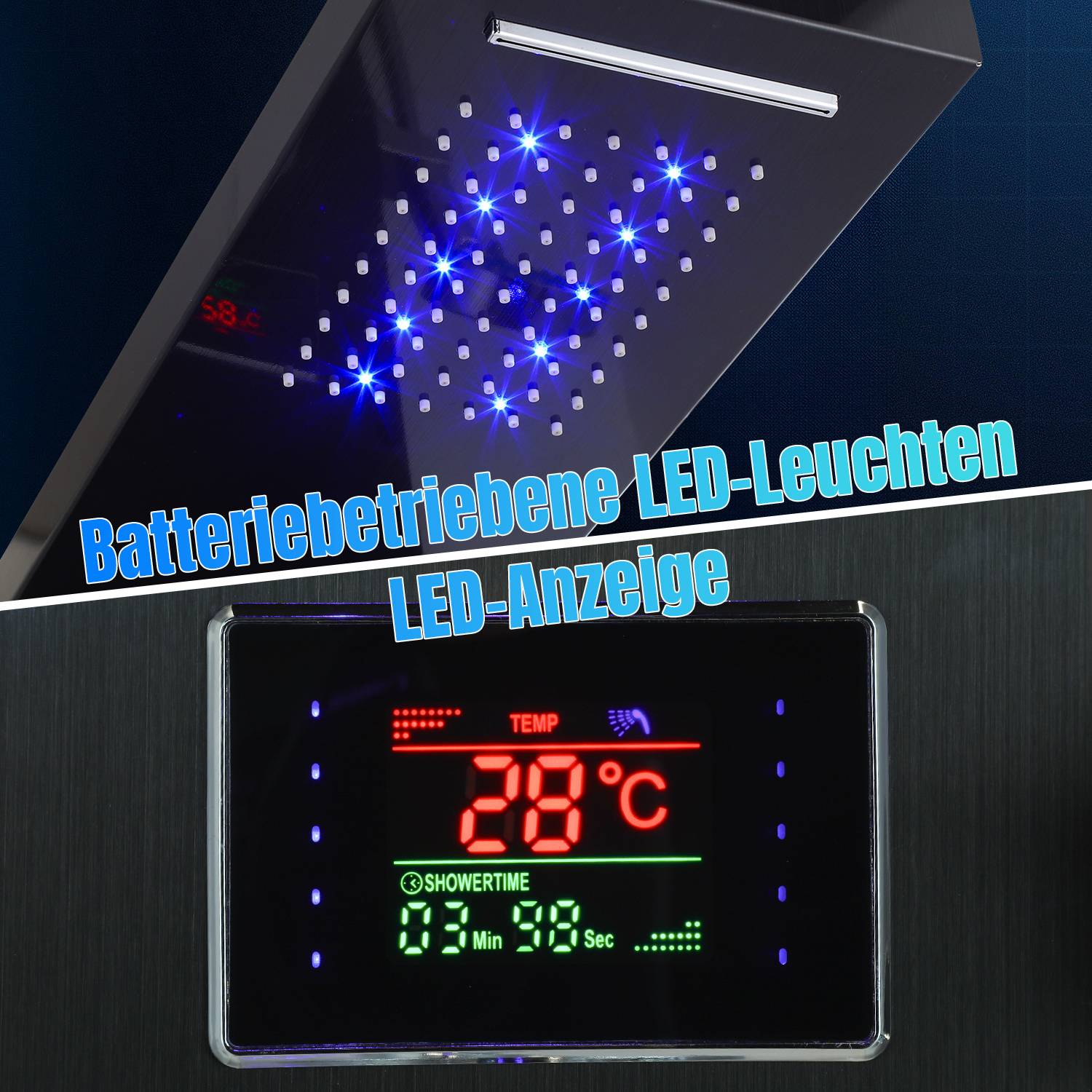 Duschpaneel 6-in-1 mit LED, Regendusche & Massage, Schwarz