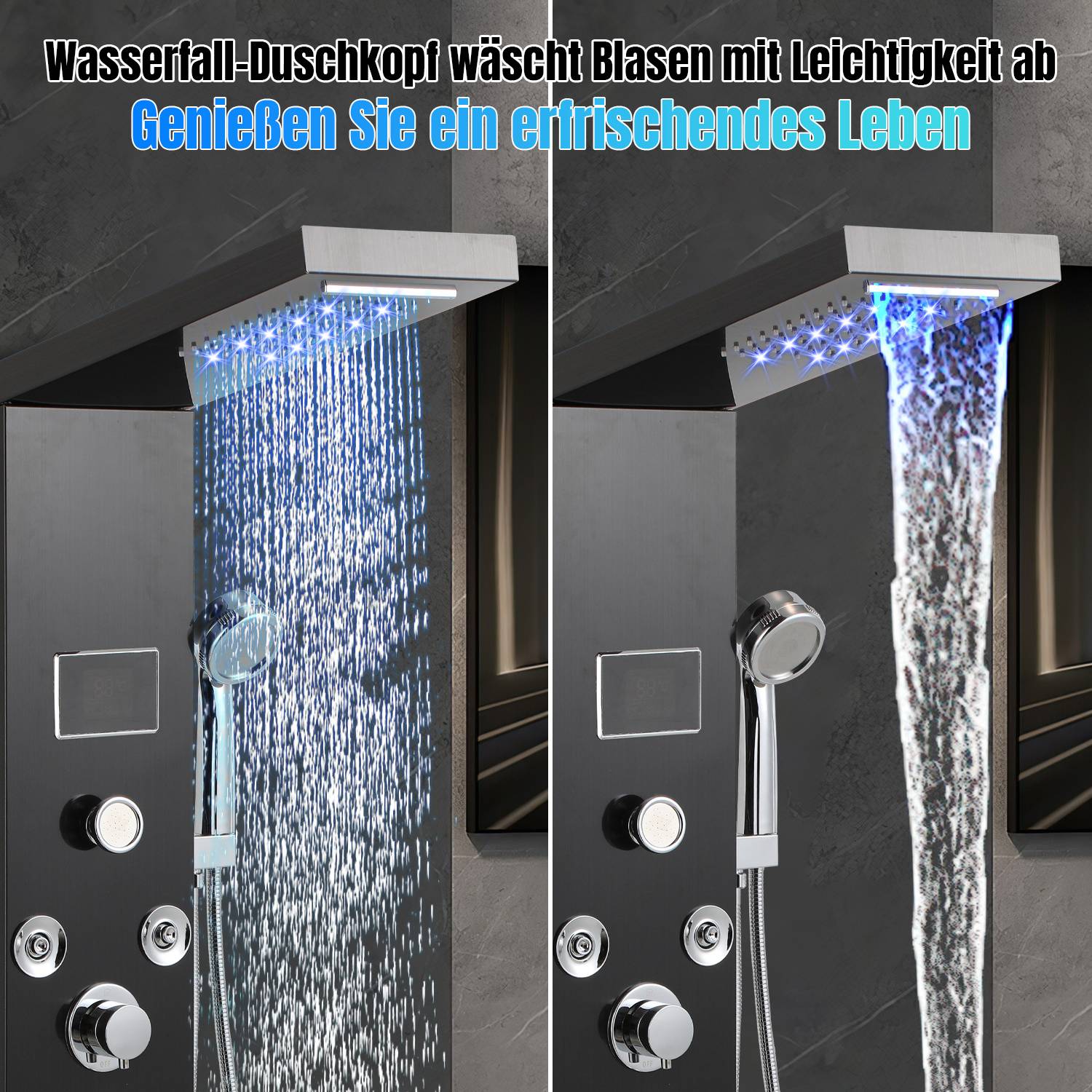 Duschsäule 6-in-1, Regendusche, Wasserfall & Massage, Schwarz