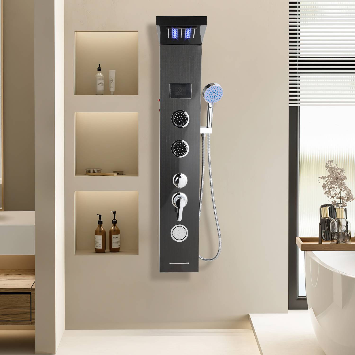 Duschpaneel 5-in-1 mit LED, Regendusche & Massage, Schwarz
