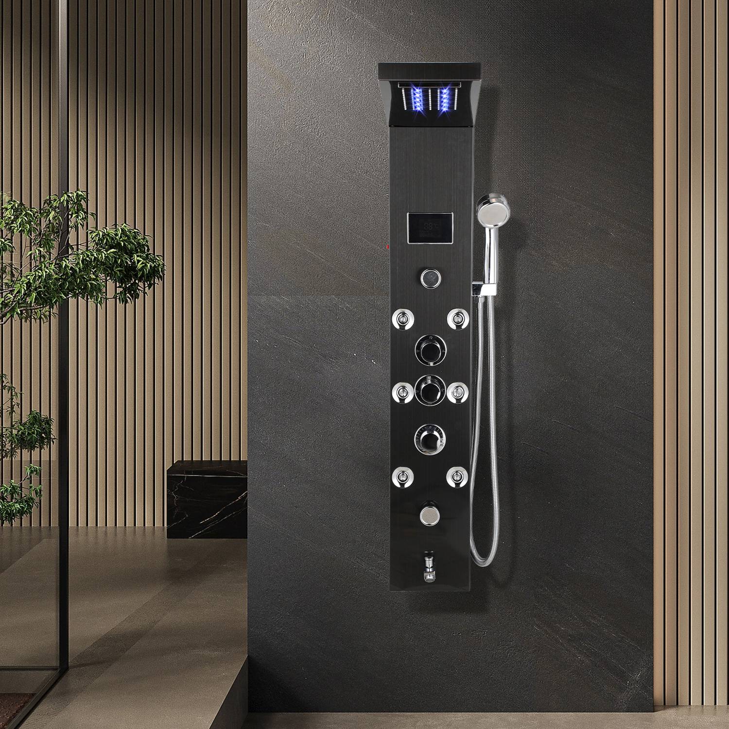 Duschpaneel Schwarz, 6-in-1 Regendusche mit 6 Massagedüsen