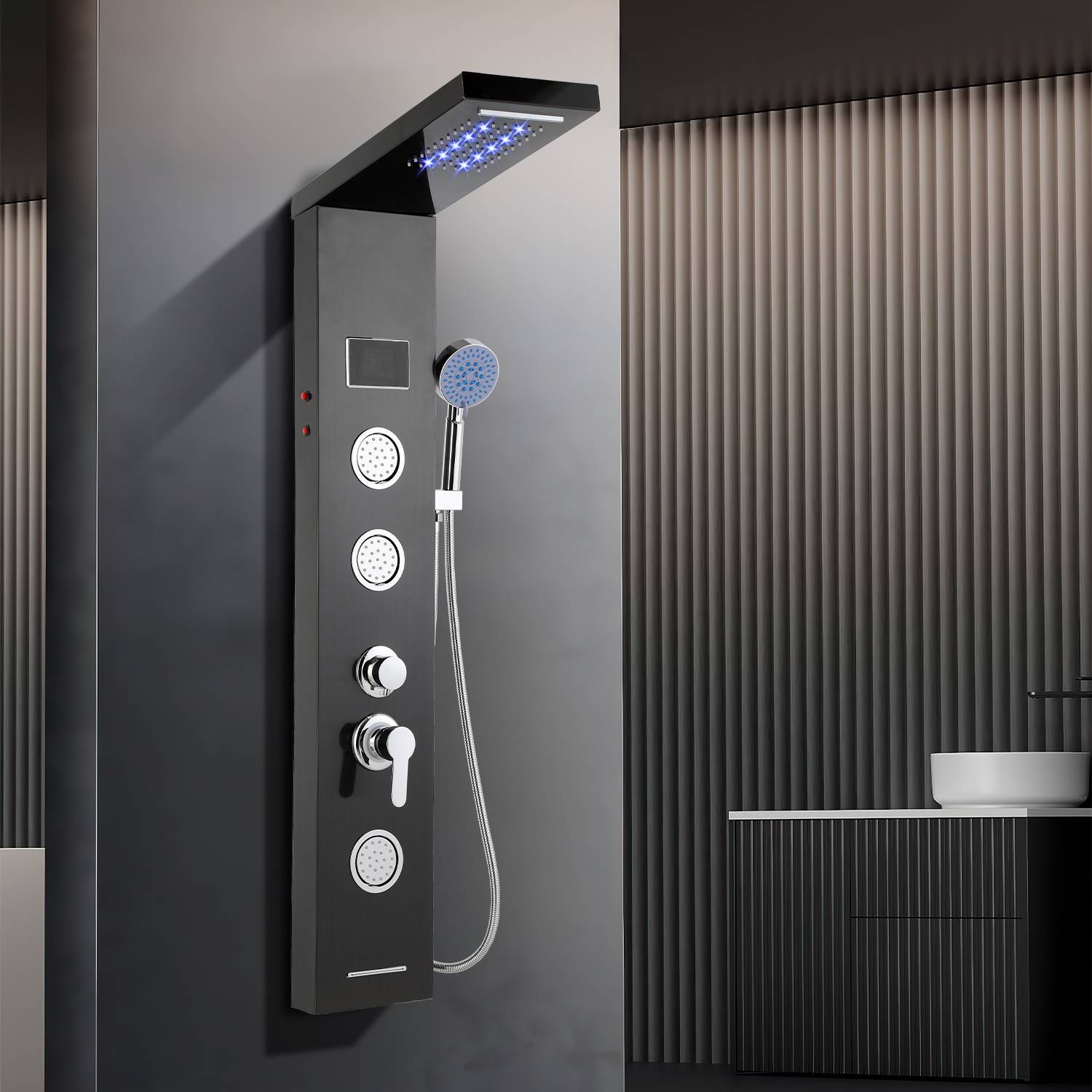 Duschsystem Schwarz mit Regendusche, Handbrause & Massagefunktion