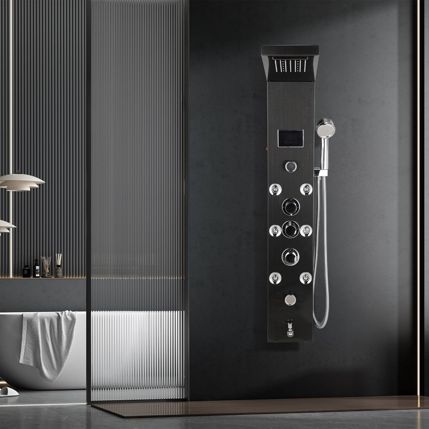 Duschsäule 6-in-1, Regendusche, Wasserfall & Massage, Schwarz