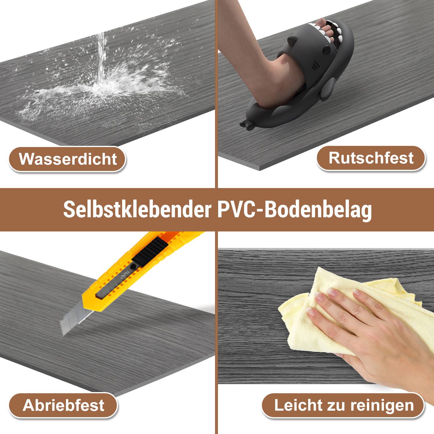 PVC Vinylboden Bodenbelag Selbstklebend 18 Stück 2.51m², Wasserfest Rutschfest Vinyl Dielen für Küche, Wohnzimmer, Balkon (Dunkelgrau oak)