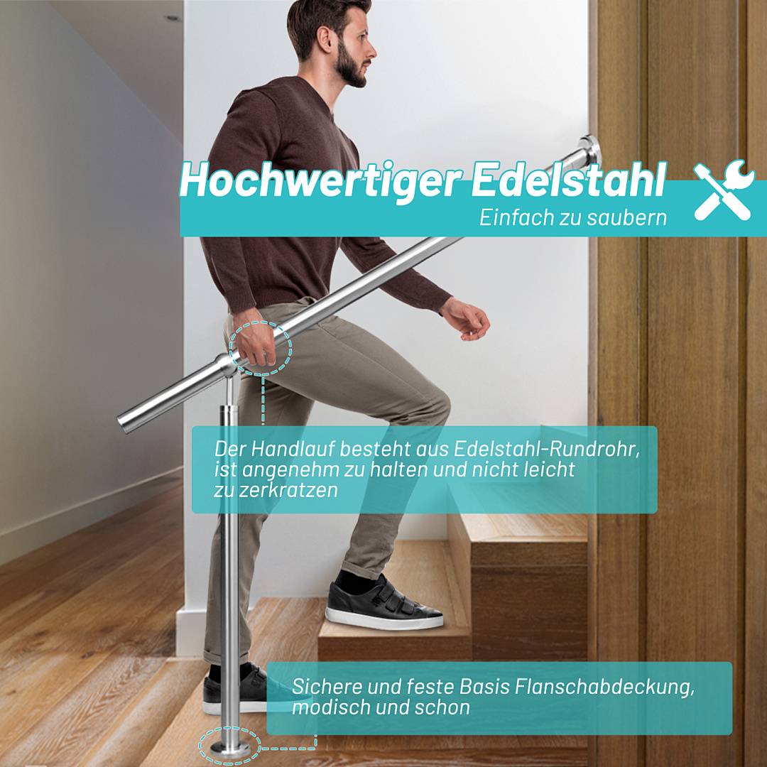 Edelstahl Eingangsgeländer 150 x 90 cm, Handlauf Silber, Treppengeländer für Gartentreppe und Flur