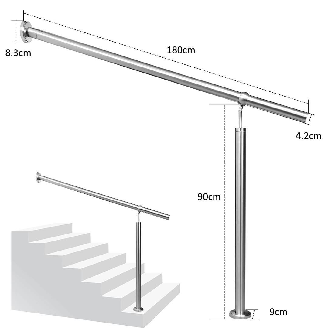 Edelstahl Eingangsgeländer 180 x 90 cm, Treppengeländer Silber, Handlauf für Treppenhaus und Außenbereich