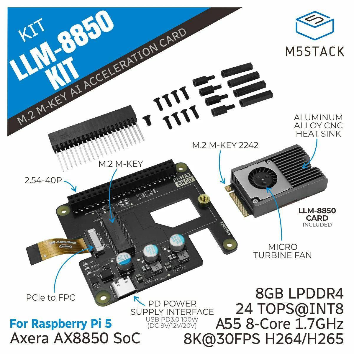 M5Stack LLM-8850 AI-Kit M.2 8GB, Axera AX8850, 24 TOPS, 8K Video, PCIe, USB PD, 9V 3A