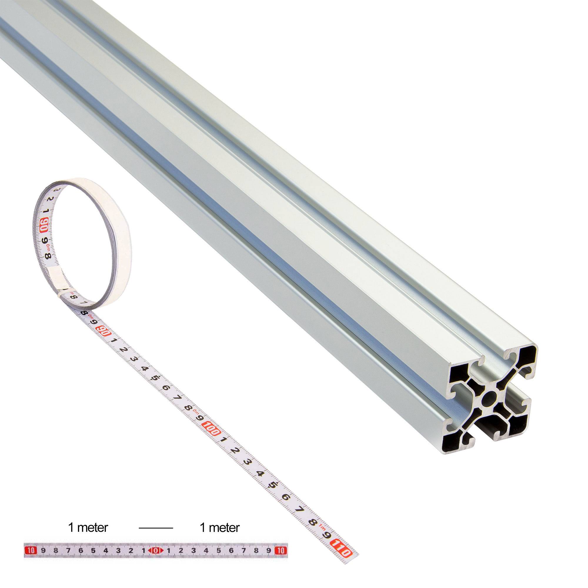 Aluminium-Extrusionsprofil mit aufgerolltem Messstab, der 1 Meter und 2 Meter zur Größenreferenz zeigt.