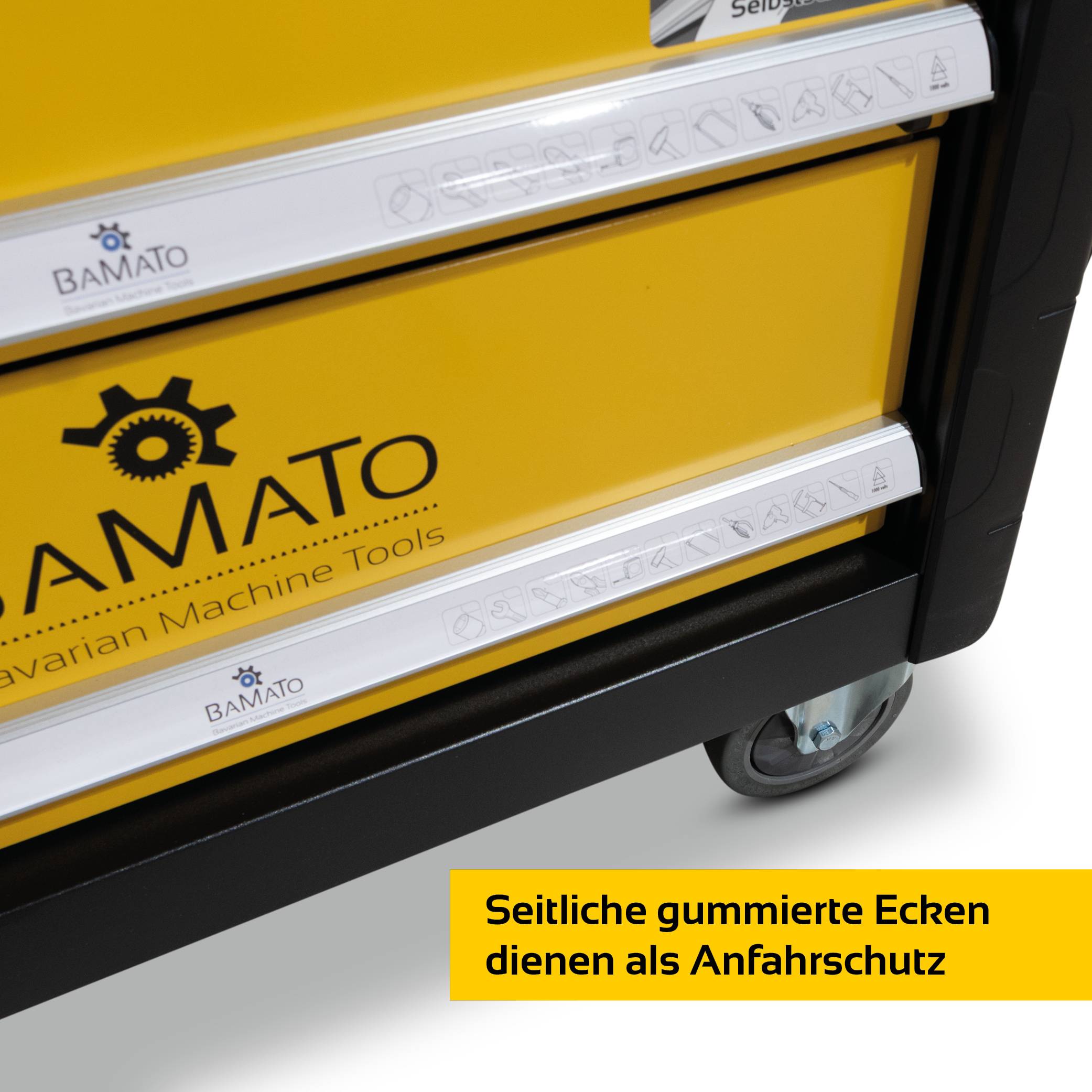 Gelber BAMATO-Werkzeugschrank auf Rollen mit seitlichen Gummiecken zum Schutz vor Beschädigungen; deutscher Text besagt „Seitliche gummierte Ecken dienen als Anfahrschutz