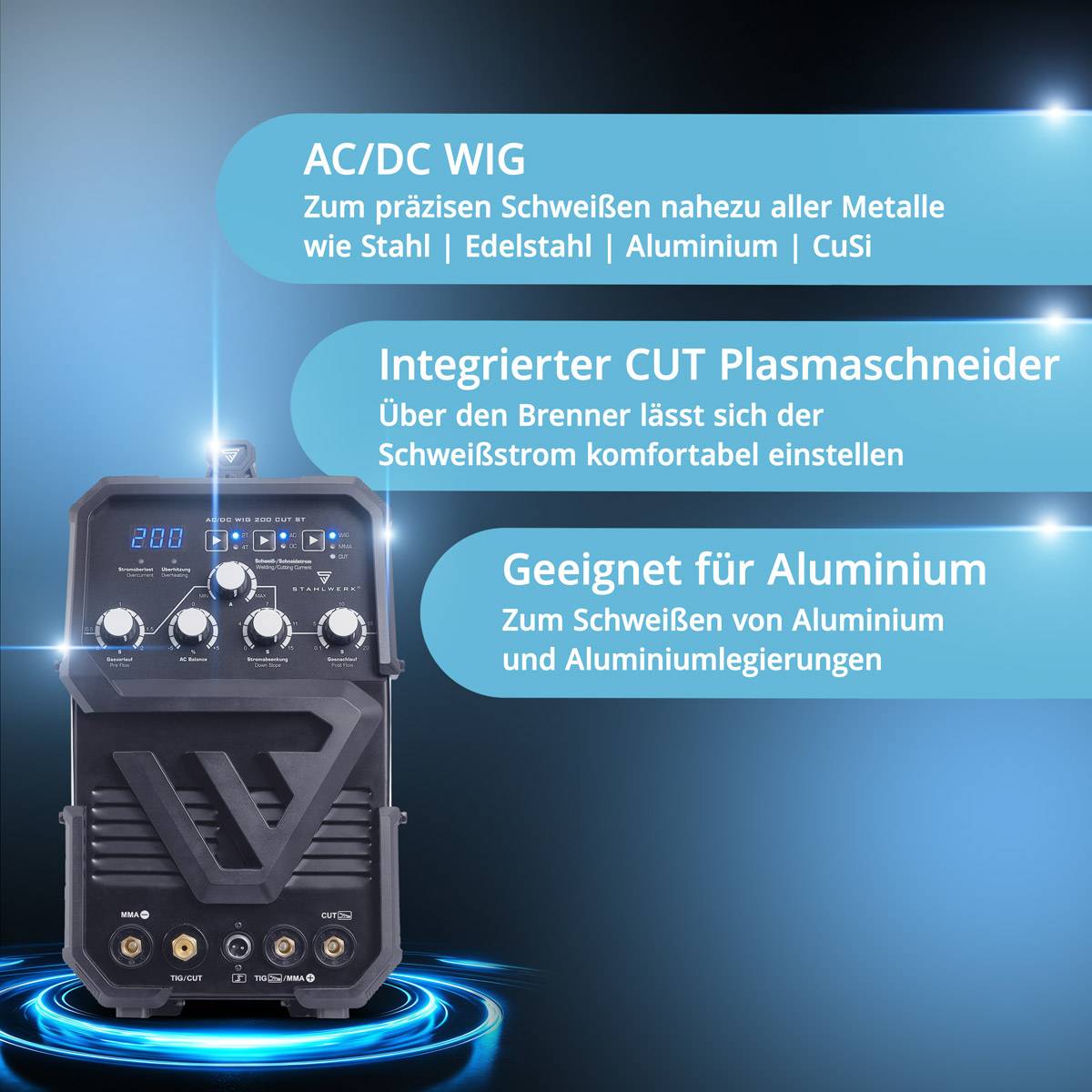 STAHLWERK Schweißgerät AC/DC WIG 200 CUT mit MMA und integriertem Plasmaschneider
