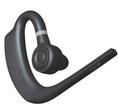 Schwarze kabellose Bluetooth-Kopfhörer mit Ohrbügel und Mikrofonarm auf weißem Hintergrund.