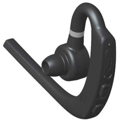 Schwarzes Over-Ear-Bluetooth-Headset mit Boom-Mikrofon und Ohrbügel, gezeigt auf weißem Hintergrund.