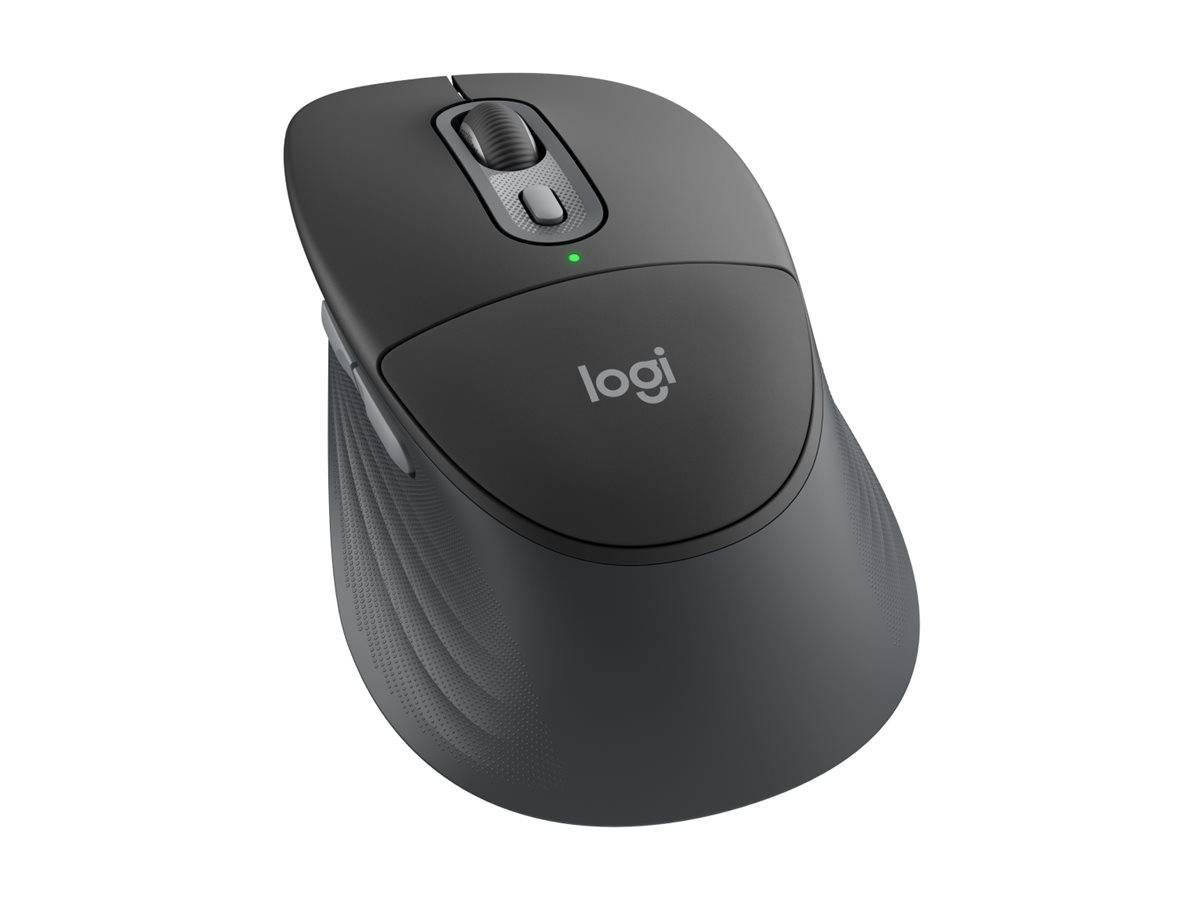 Schwarze kabellose Logitech-Maus mit Scrollrad, Seitentasten und grünem Statuslicht auf weißem Hintergrund
