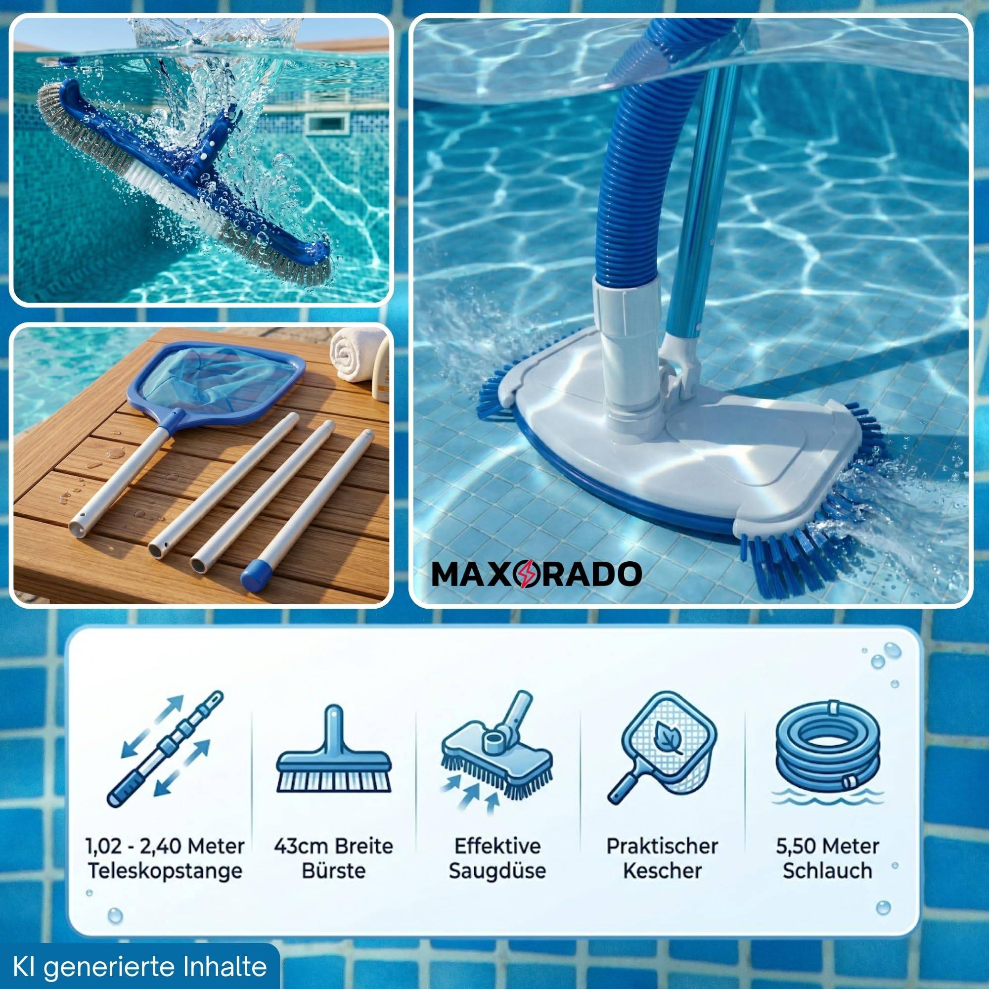 Poolsauger Bodensauger Düse + Kescher + Besen + Schlauch + 2,4m Teleskopstange zur Reinigung von Pool Schwimmbecken Spa Bodenreiniger Saugbürste
