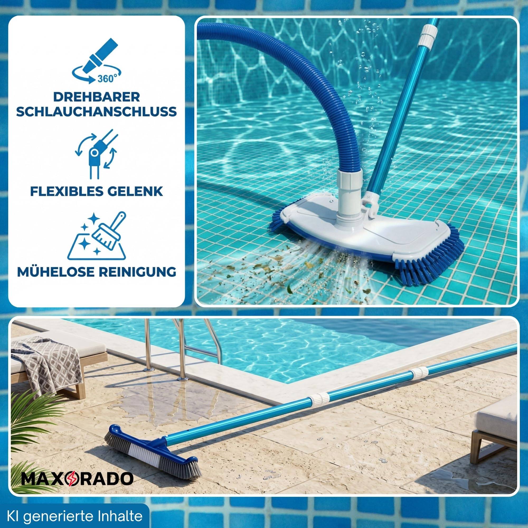 Poolsauger Bodensauger Düse + Kescher + Besen + Schlauch + 2,4m Teleskopstange zur Reinigung von Pool Schwimmbecken Spa Bodenreiniger Saugbürste