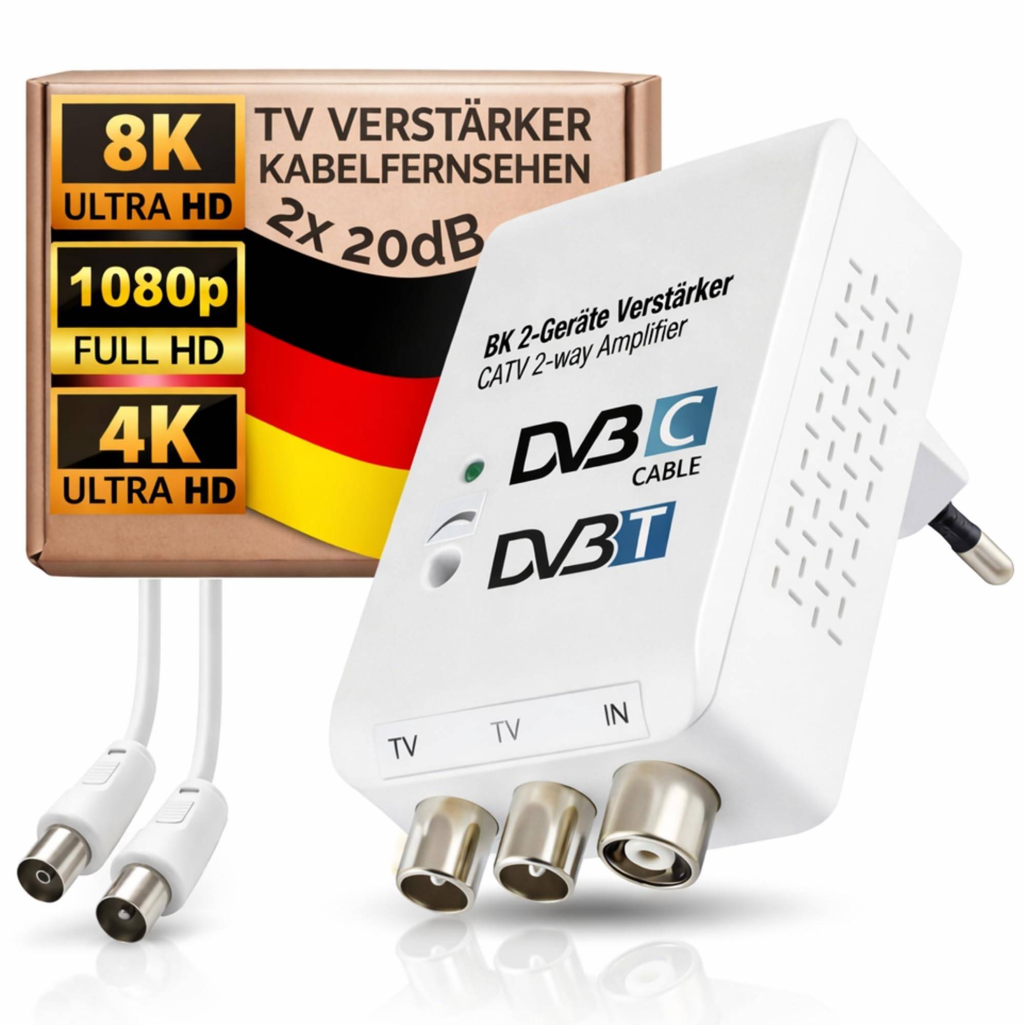 Zweigeräteverstärker 2x20dB CATV Verstärker Kabelfernsehen TV Signalverstärker passend für Vodafone PYUR 1&1 Netcologne EWE