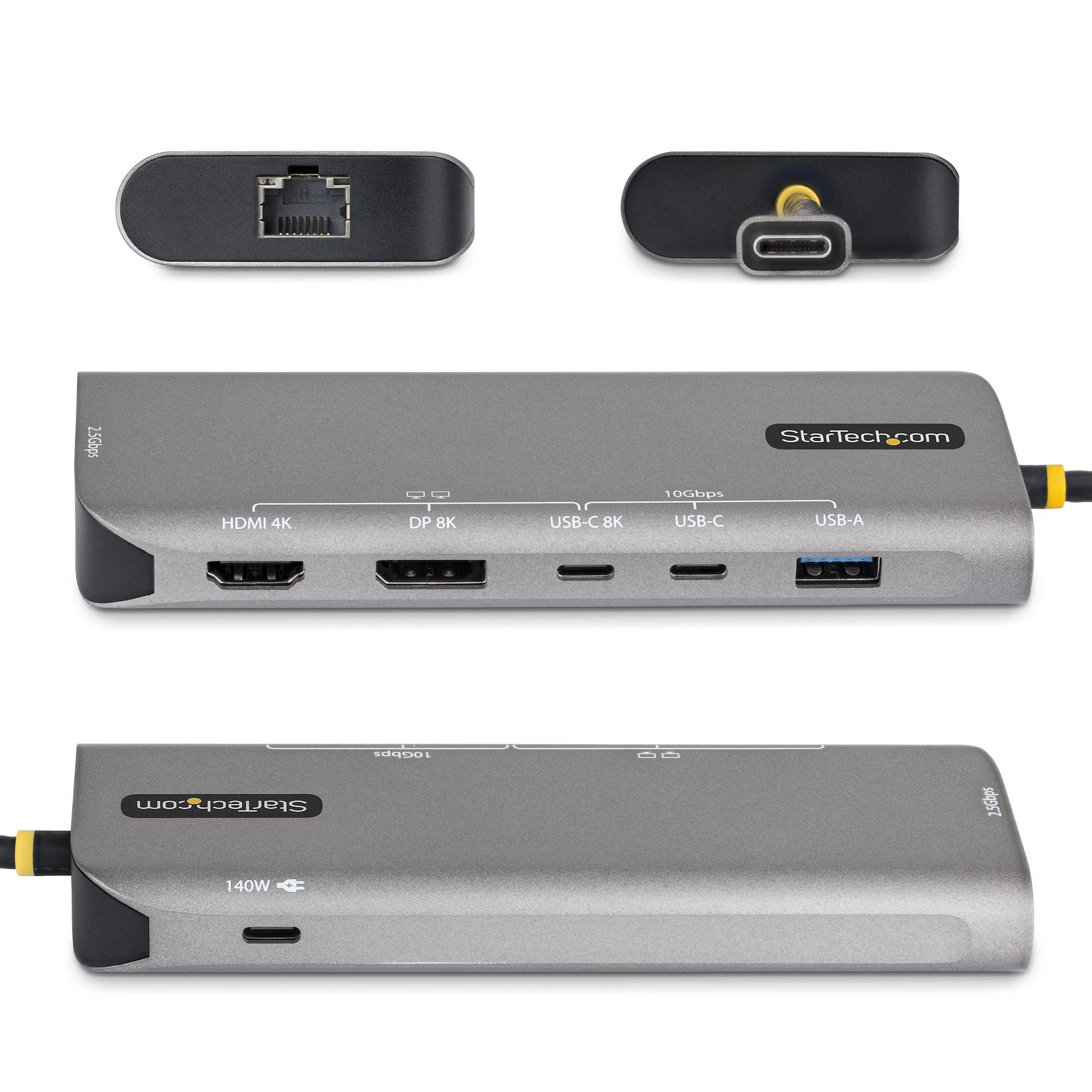StarTech.com USB-C-Dockingstation aus mehreren Winkeln dargestellt, mit Ethernet-, HDMI-4K-, DP-8K-, USB-C-, USB-A- und 140-W-USB-C-Stromanschlüssen.