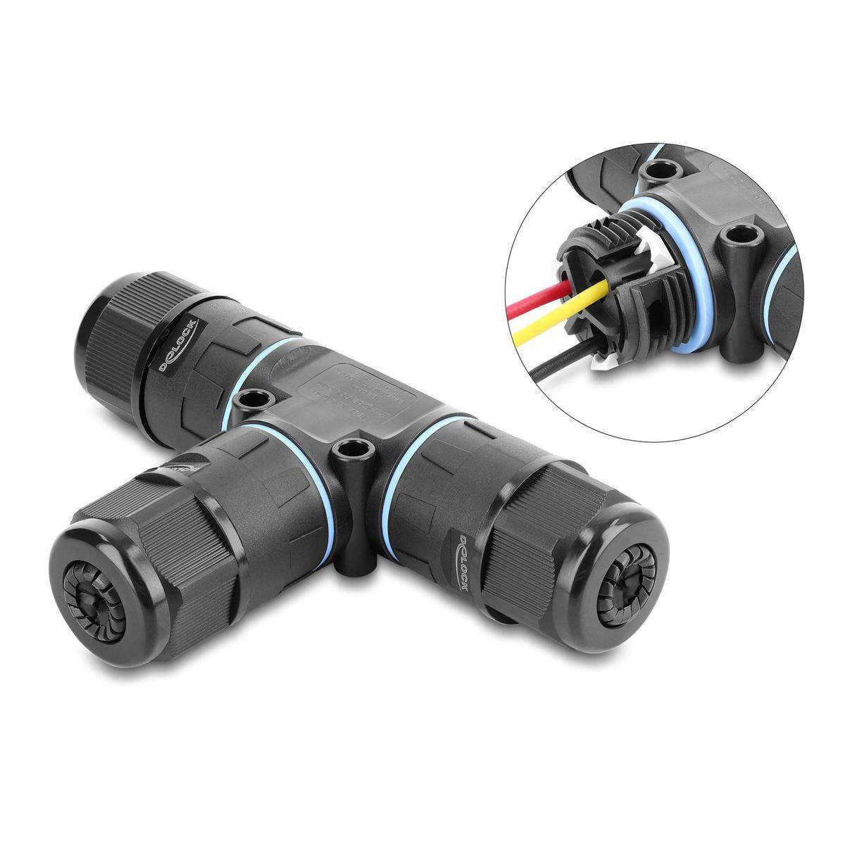 87244 - Delock Kabelverbinder T-Form mit Klemmverbindung 3 Pin, IP68 wasserdicht für Kabeldurchmesser 5 - 9 mm, inkl. Dichtungen für 9 - 12 mm, werk