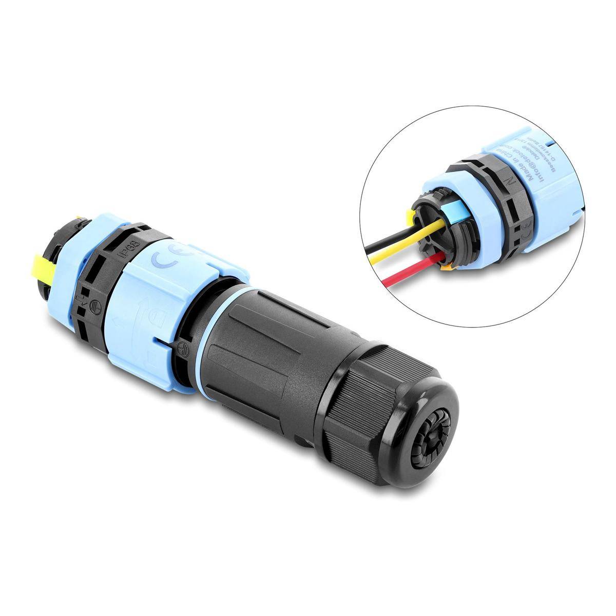 87250 - Delock Kabelverbinder mit Bajonettverschluss 3 Pin Stecker zu Buchse mit Gehäuse zum Einbau, IP68 wasserdicht für Kabeldurchmesser 5 - 9 mm