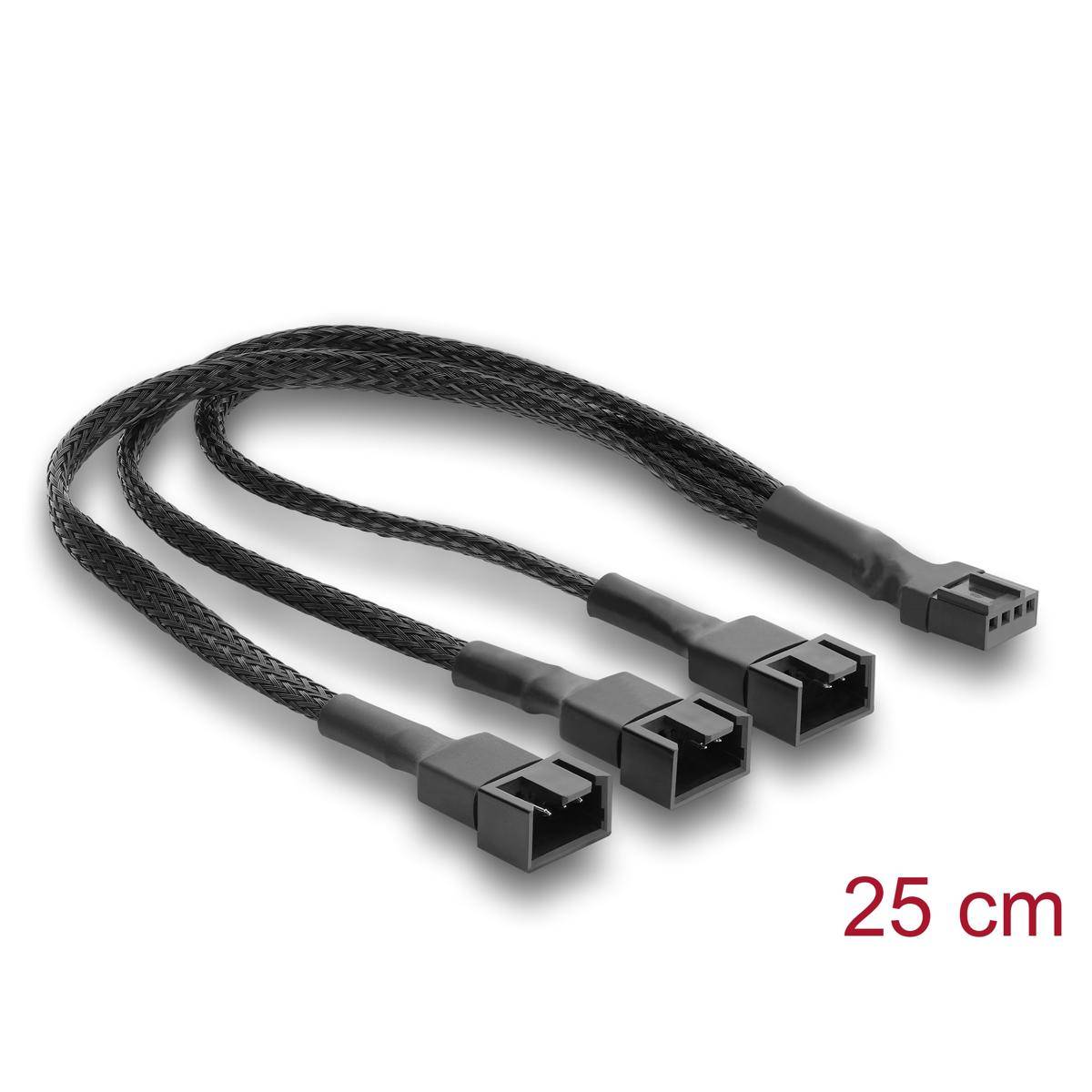 91366 - Delock Lüfterkabel Splitter 1 x 4 Pin PWM Buchse zu Stecker + 2 x 4 Pin (3 Pins belegt) Stecker mit Geflechtummantelung 25 cm schwarz