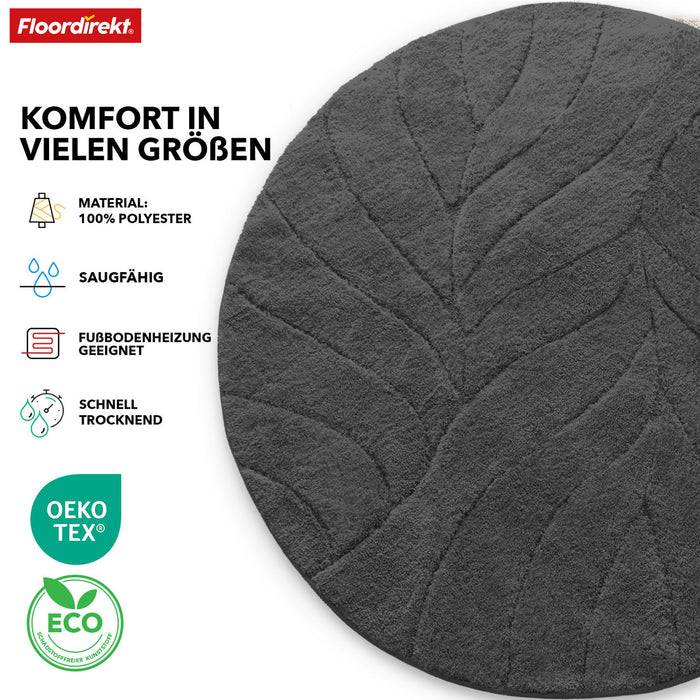 FLOORDIREKT Badematte Maris - Flauschiger Badvorleger mit Blatt-Struktur - Rund - Ø 120 cm - Dunkelgrau