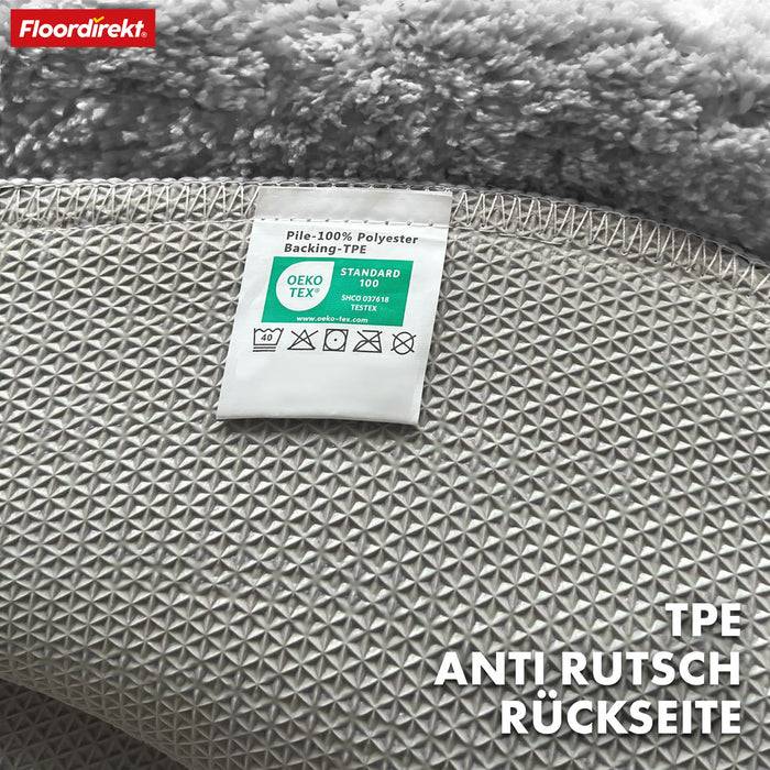 FLOORDIREKT Badematte Maris - Flauschiger Badvorleger mit Blatt-Struktur - Rund - Ø 120 cm - Silber
