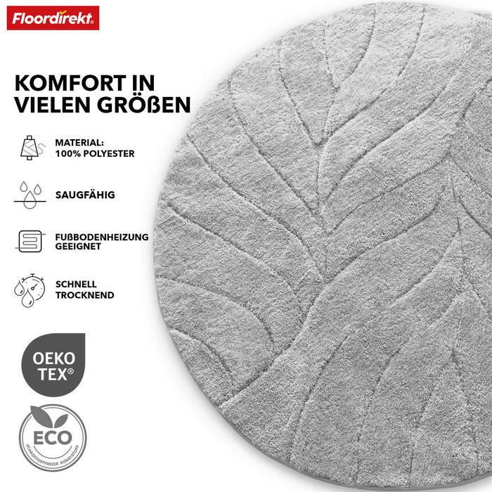 FLOORDIREKT Badematte Maris - Flauschiger Badvorleger mit Blatt-Struktur - Rund - Ø 120 cm - Silber