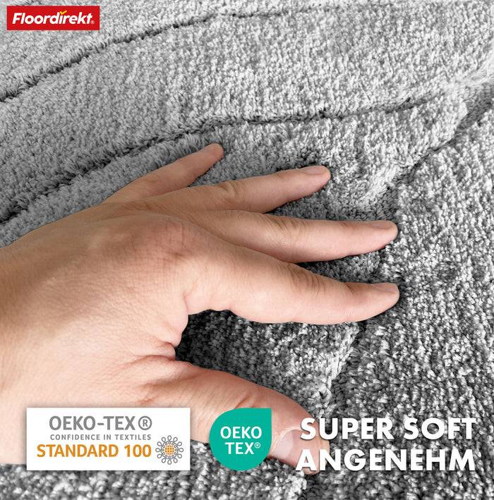 FLOORDIREKT Badematte Maris - Flauschiger Badvorleger mit Blatt-Struktur - Rund - Ø 120 cm - Silber