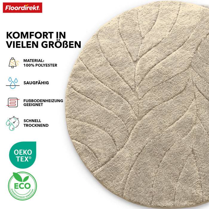 FLOORDIREKT Badematte Maris - Flauschiger Badvorleger mit Blatt-Struktur - Rund - Ø 120 cm - Ivory