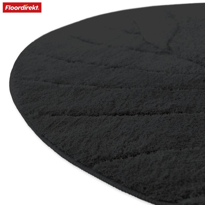 FLOORDIREKT Badematte Maris - Flauschiger Badvorleger mit Blatt-Struktur - Rund - Ø 120 cm - Schwarz