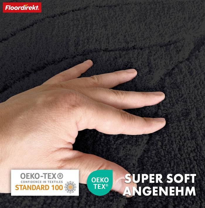 FLOORDIREKT Badematte Maris - Flauschiger Badvorleger mit Blatt-Struktur - Rund - Ø 120 cm - Schwarz
