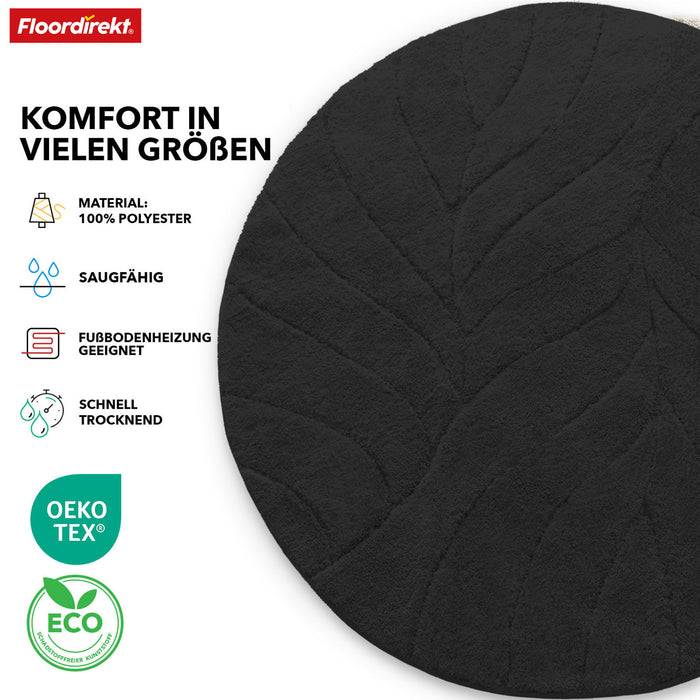 FLOORDIREKT Badematte Maris - Flauschiger Badvorleger mit Blatt-Struktur - Rund - Ø 120 cm - Schwarz
