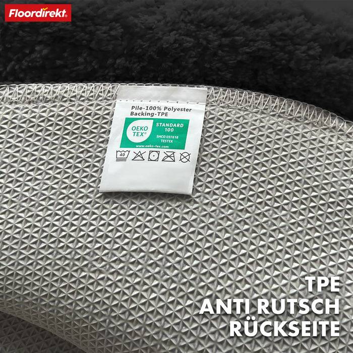 FLOORDIREKT Badematte Maris - Flauschiger Badvorleger mit Blatt-Struktur - Rund - Ø 120 cm - Schwarz