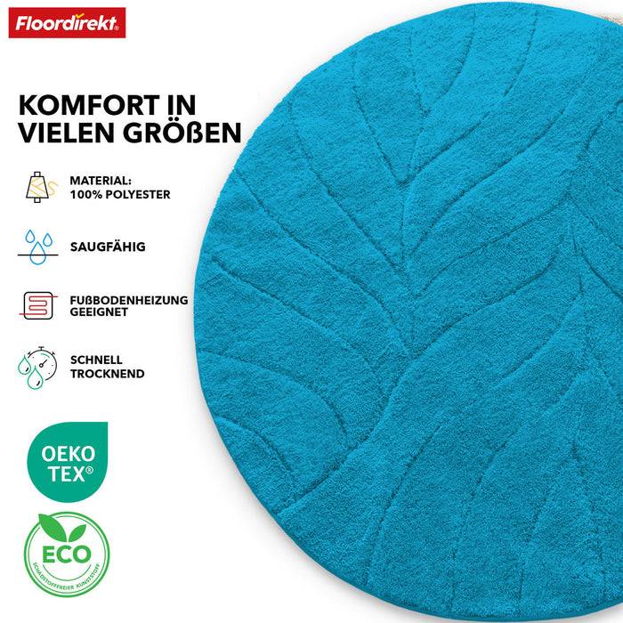 FLOORDIREKT Badematte Maris - Flauschiger Badvorleger mit Blatt-Struktur - Rund - Ø 120 cm - Türkis