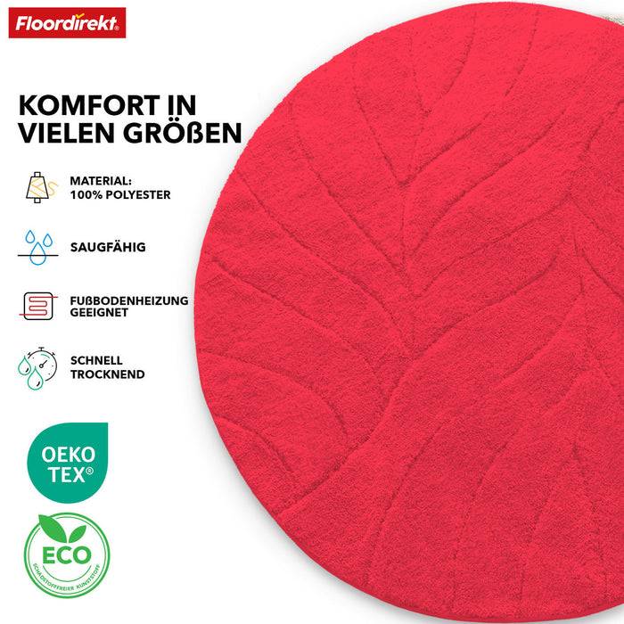 FLOORDIREKT Badematte Maris - Flauschiger Badvorleger mit Blatt-Struktur - Rund - Ø 120 cm - Rot
