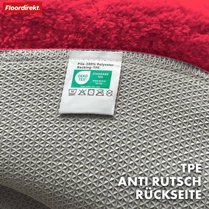 FLOORDIREKT Badematte Maris - Flauschiger Badvorleger mit Blatt-Struktur - Rund - Ø 120 cm - Rot