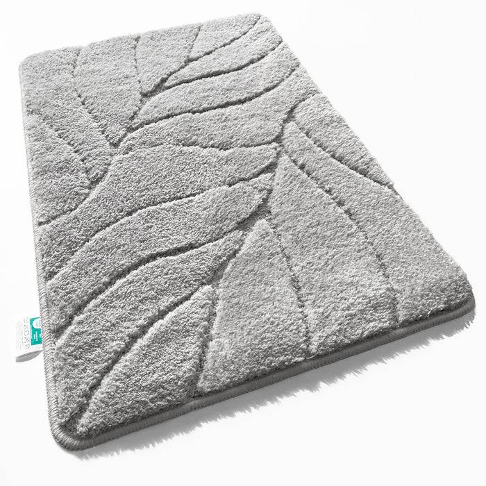 FLOORDIREKT Badematte Maris - Flauschiger Badvorleger mit Blattstruktur - Rutschhemmende Rückseite - Silber - 40 x 60 cm