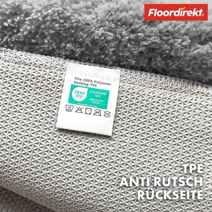 FLOORDIREKT Badematte Maris - Flauschiger Badvorleger mit Blattstruktur - Rutschhemmende Rückseite - Silber - 40 x 60 cm