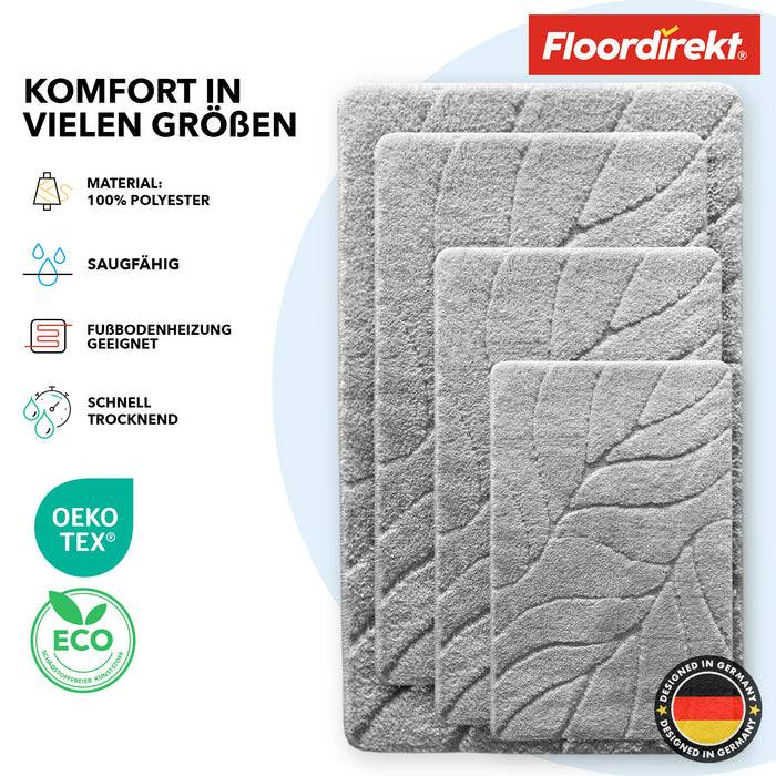 FLOORDIREKT Badematte Maris - Flauschiger Badvorleger mit Blattstruktur - Rutschhemmende Rückseite - Silber - 40 x 60 cm